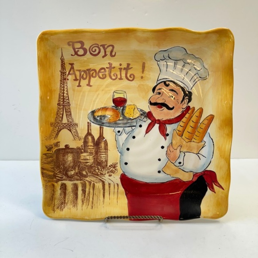Maxcera Fat Chef Plate Bon Appetit Eiffel Tower Serving Platter 11"‎ Square